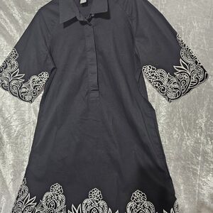 Chico Size 1 Black Dress with White Embroidery